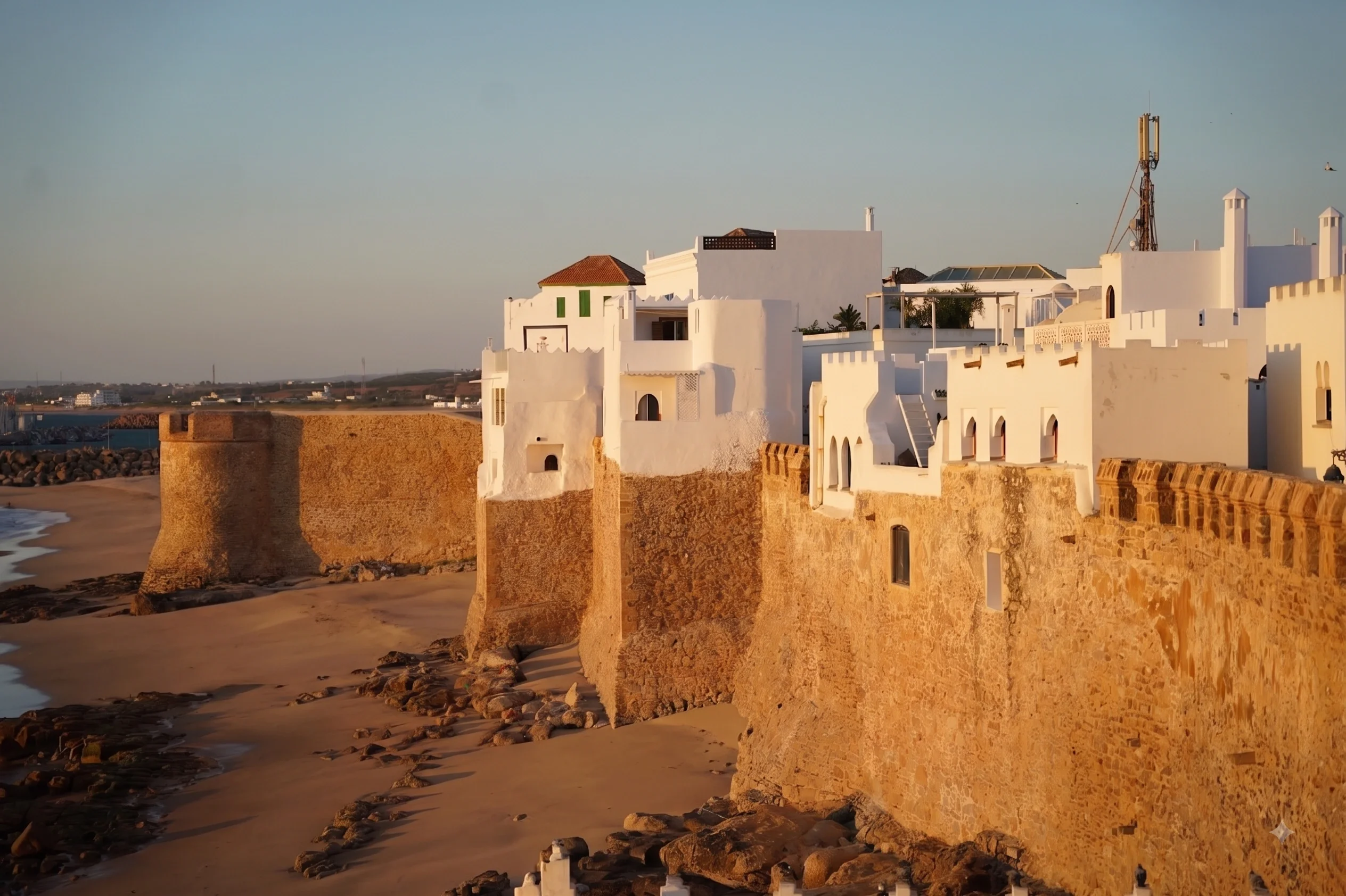 Murallas de la medina de Asilah junto a la playa al atardecer